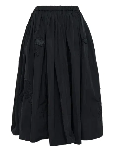 Caroline Hu Floral-embroidered Pleated Midi Skirt In Black