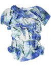 Caroline Hu Floral-print Plissé-effect Blouse In Black