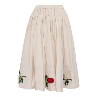 Caroline Hu White Pleated Ribbon Embroidery Skirt In Neutral