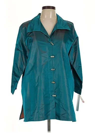 Pre-owned Caroline Rose 3/4 Sleeve Silk Top Teal Color Block Pattern Cowl Neck Tops