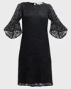 Caroline Rose Julia Bell-sleeve Floral Lace Dress In Black