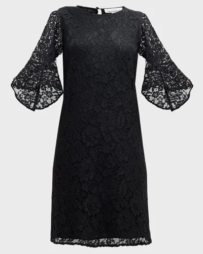 Caroline Rose Julia Bell-sleeve Floral Lace Dress In Black
