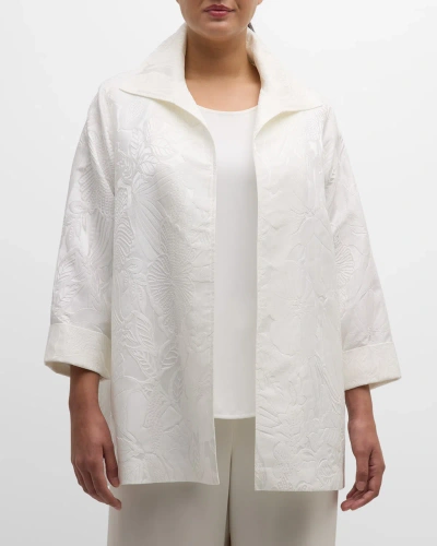 Caroline Rose Plus Plus Size Open-front Floral Jacquard Jacket In White