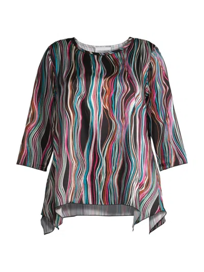 Caroline Rose, Plus Size Women's Wavy Striped Twill Blouse In Black Multi