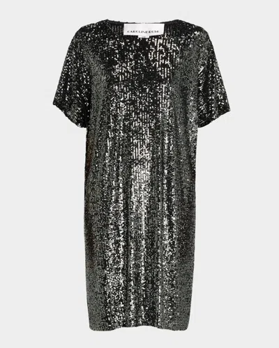 Caroline Rose Sequined Caftan Dress In Gunmetal/black