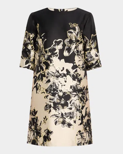 Caroline Rose Showstopper A-line Floral Jacquard Mini Dress In Champagne/black