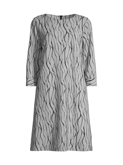Caroline Rose 3/4-sleeve Wave Intarsia Knit Knee-length Dress In Black/white