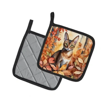 Caroline's Treasures Abyssinian Cat In Fall Leaves Pair Of Pot Holders In Multicolor