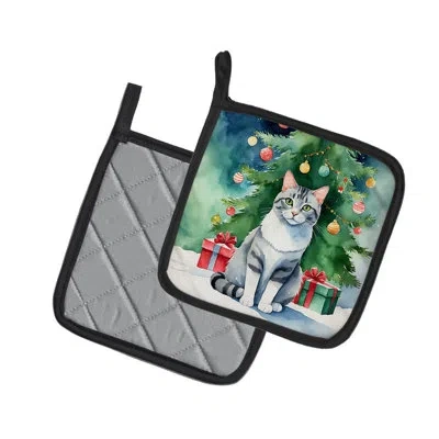 Caroline's Treasures Aegean Cat By The Christmas Tree Pair Of Pot Holders In Multicolor