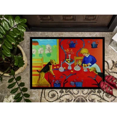 Caroline's Treasures Aiale Terrier With Lady In The Kitchen Non-slip Indoor Door Mat In Red,blue