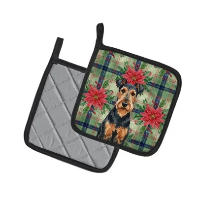 Caroline's Treasures Airedale Terrier Christmas Poinsettas Pair Of Pot Holders In Multicolor