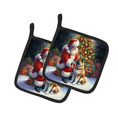 Caroline's Treasures Akita And Santa Claus Pair Of Pot Holders In Multicolor