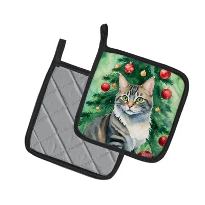Caroline's Treasures American Bobtail Cat By The Christmas Tree Pair Of Pot Holders In Multicolor