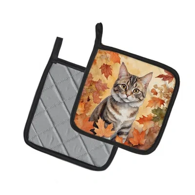 Caroline's Treasures American Bobtail Cat In Fall Leaves Pair Of Pot Holders In Multicolor