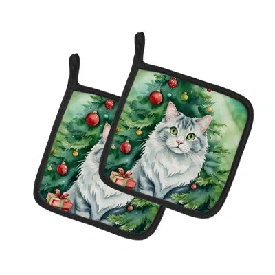Caroline's Treasures American Curl Cat By The Christmas Tree Pair Of Pot Holders In Multicolor