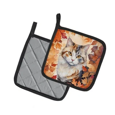 Caroline's Treasures American Curl Cat In Fall Leaves Pair Of Pot Holders In Multicolor