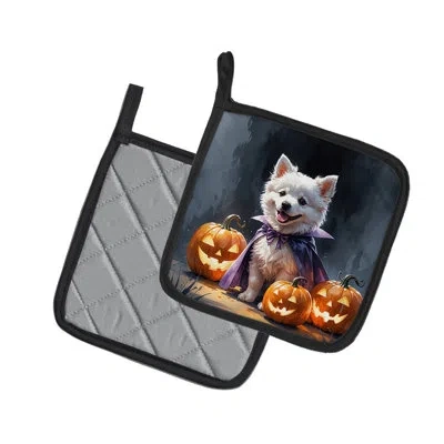 Caroline's Treasures American Eskimo Puppy Halloween Pair Of Pot Holders In Multicolor