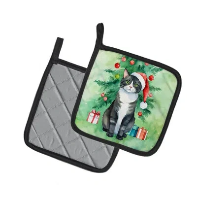 Caroline's Treasures American Polydactyl Cat By The Christmas Tree Pair Of Pot Holders In Multicolor