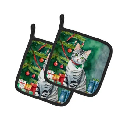 Caroline's Treasures American Shorthair Cat By The Christmas Tree Pair Of Pot Holders In Multicolor