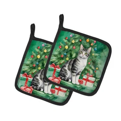 Caroline's Treasures American Wirehair Cat By The Christmas Tree Pair Of Pot Holders In Multicolor