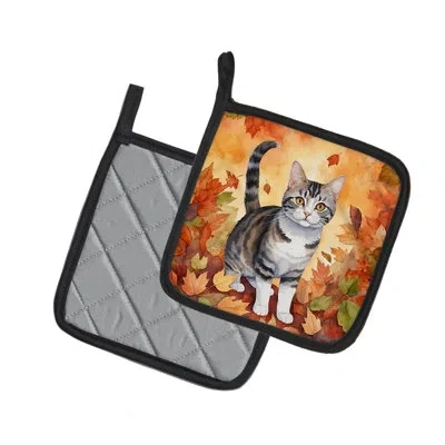 Caroline's Treasures American Wirehair Cat In Fall Leaves Pair Of Pot Holders In Multicolor