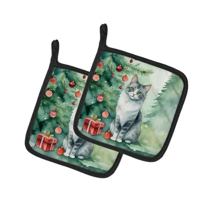 Caroline's Treasures Australian Mist Cat By The Christmas Tree Pair Of Pot Holders In Multicolor