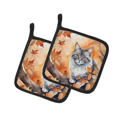 Caroline's Treasures Australian Mist Cat In Fall Leaves Pair Of Pot Holders In Multicolor