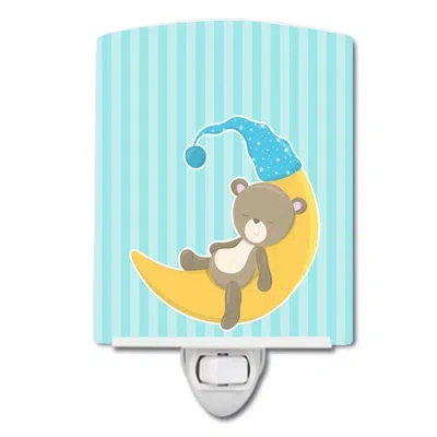 Caroline's Treasures Baby Bear On Moon Ceramic Night Light In Blue