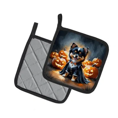 Caroline's Treasures Balck And Tan Pomeranian Puppy Halloween Pair Of Pot Holders In Multicolor