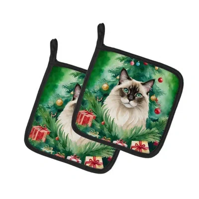 Caroline's Treasures Balinese Cat By The Christmas Tree Pair Of Pot Holders In Multicolor
