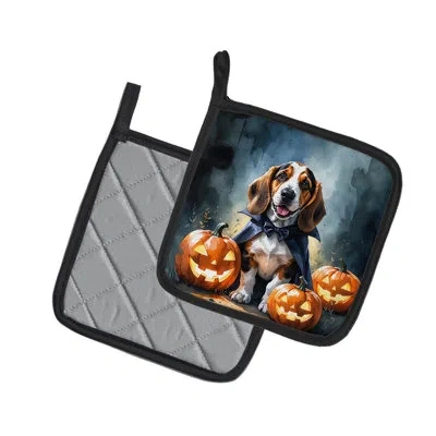 Caroline's Treasures Basset Hound Puppy Halloween Pair Of Pot Holders In Multi