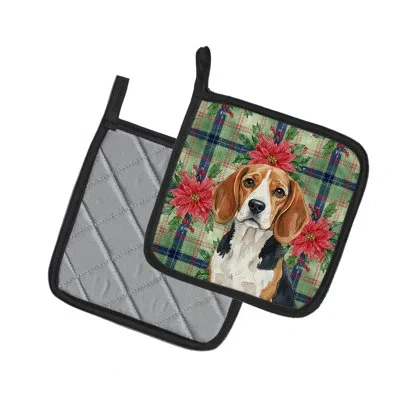 Caroline's Treasures Beagle Christmas Poinsettas Pair Of Pot Holders In Multicolor