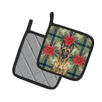 Caroline's Treasures Belgian Malinois Christmas Poinsettas Pair Of Pot Holders In Multicolor