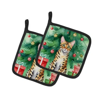 Caroline's Treasures Bengal Cat By The Christmas Tree Pair Of Pot Holders In Multicolor