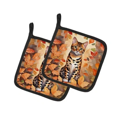 Caroline's Treasures Bengal Cat In Fall Leaves Pair Of Pot Holders In Multicolor
