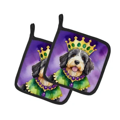 Caroline's Treasures Bernedoodle King Of Mardi Gras Pair Of Pot Holders In Multicolor