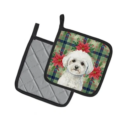 Caroline's Treasures Bichon Frise Christmas Poinsettas Pair Of Pot Holders In Multicolor