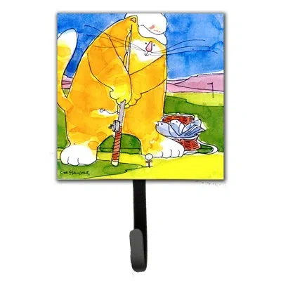 Caroline's Treasures Big Cat Golfing With A Fishing Pole Leash Holder And Wall Hook In Blue;yellow;orange