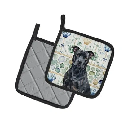 Caroline's Treasures Black American Staffordshire Terrier Coastal Sea Glass Pair Of Pot Holders In Multicolor