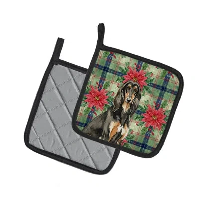 Caroline's Treasures Black & Tan Afghan Hound Christmas Poinsettas Pair Of Pot Holders In Multi
