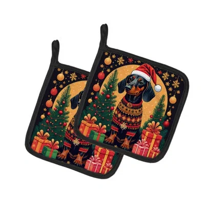 Caroline's Treasures Black And Tan Dachshund Christmas Pair Of Pot Holders In Multicolor