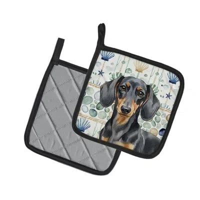 Caroline's Treasures Black And Tan Dachshund Coastal Sea Glass Pair Of Pot Holders In Multicolor