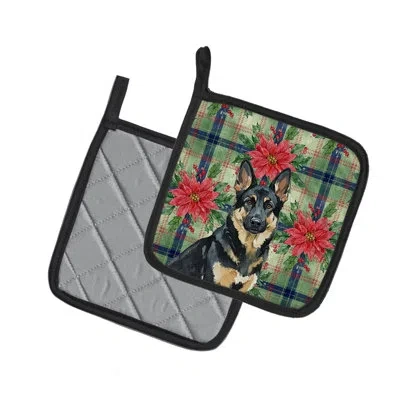 Caroline's Treasures Black And Tan German Shepherd Christmas Poinsettas Pair Of Pot Holders In Multicolor