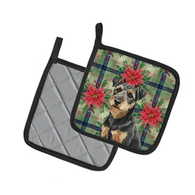 Caroline's Treasures Black And Tan Lakeland Terrier Christmas Poinsettas Pair Of Pot Holders In Green