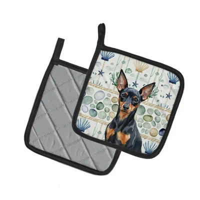 Caroline's Treasures Black And Tan Miniature Pinscher Coastal Sea Glass Pair Of Pot Holders In Multicolor