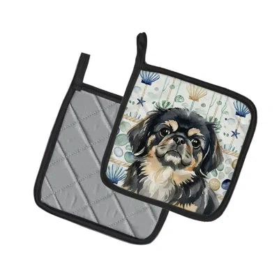 Caroline's Treasures Black And Tan Pekingese Coastal Sea Glass Pair Of Pot Holders In Multicolor