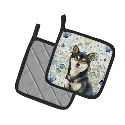 Caroline's Treasures Black And Tan Shiba Inu Coastal Sea Glass Pair Of Pot Holders In Multicolor
