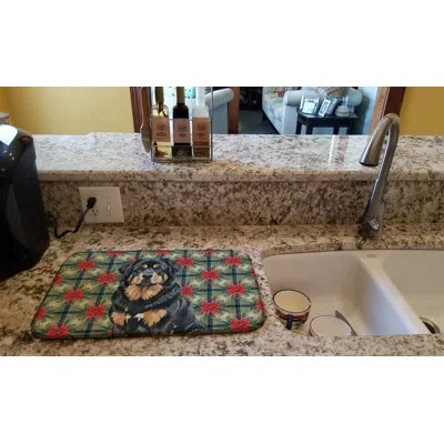 Caroline's Treasures Black And Tan Tibetan Mastiff Christmas Poinsettias Dish Drying Mat In Natural