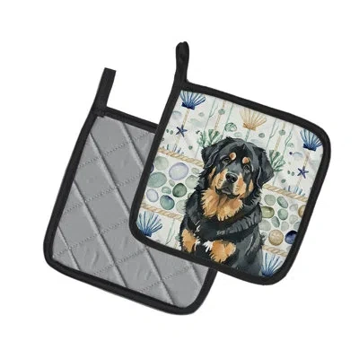 Caroline's Treasures Black And Tan Tibetan Mastiff Coastal Sea Glass Pair Of Pot Holders In Multicolor