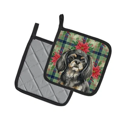 Caroline's Treasures Black And Tan Tibetan Spaniel Christmas Poinsettas Pair Of Pot Holders In Multicolor